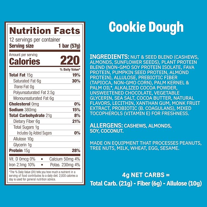 Munk Pack Cookie Dough Probiotic Keto Protein Bars | 15g Protein, 1g Sugar, 4g Net Carbs | Plant-Based, Low Sugar, Gut Health Snacks, Gluten-Free, Non-GMO | 12 Count