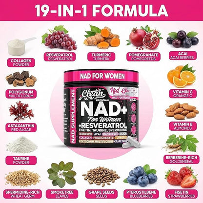 NAD+ Resveratrol Supplement for Women NAD Turmeric Vitamin C Acai Pomegranate Collagen Peptides Nicotinamide Riboside Fisetin Vitamin E Polygonum Multiflorum Berberine 90 Capsules by Clean Nutra