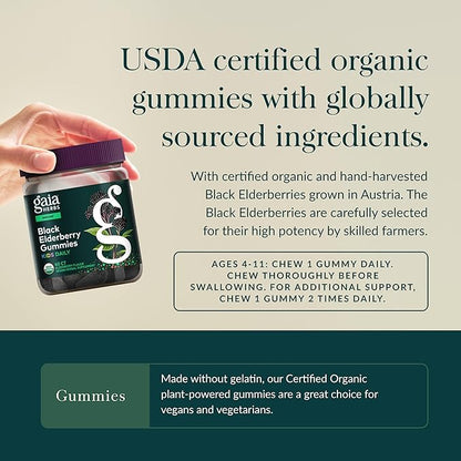 Gaia Herbs Black Elderberry Daily Gummies for Kids - Delicious Immune Support Supplement - Certified Organic Black Elderberries for Immune System Support* - 40 Vegan Gummies (40 Servings)