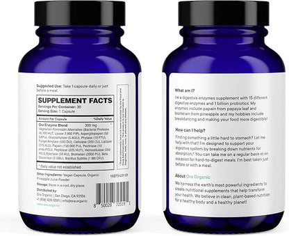 Ora Organic Multi-Enzyme Supplement - Vegan, Gluten Free Enzymes for Digestion with Probiotics for Gut Health, Bloating, Constipation and Gas Relief - 30 Easy to Swallow Capsules