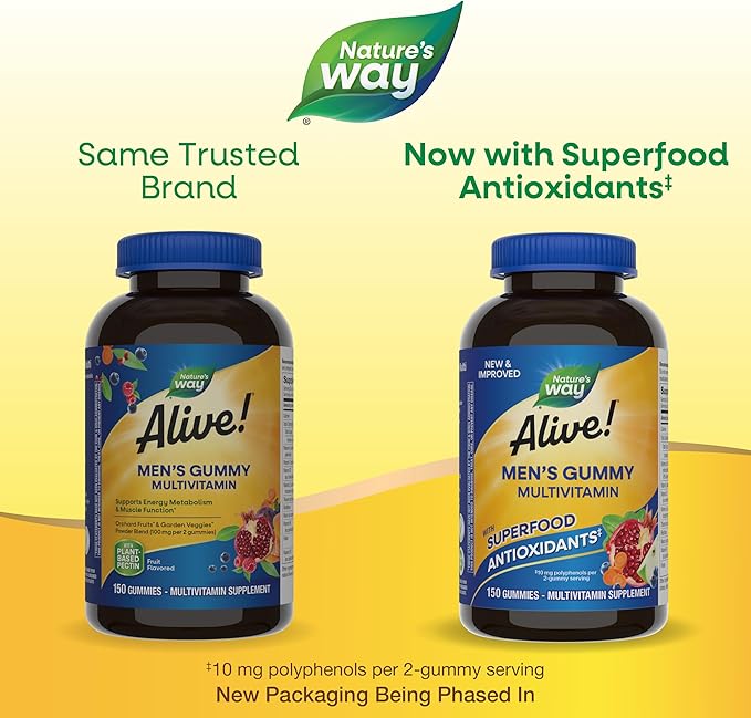 Nature's Way Alive! Men's Multivitamin Gummies,Supports Energy Metabolism*,Muscle Function*,Superfood Antioxidants(1),B-Vitamins,Vegetarian,Fruit Flavored,150 Gummies (Packaging May Vary),(Pack of 2)