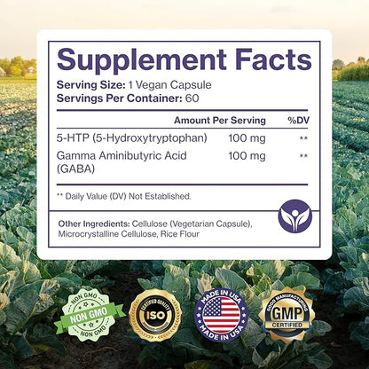 Pure 5-HTP (5-Hydroxytryptophan) Plus GABA Supplement - for Sleep, Mood & Stress Management - 60 Veggie Caps