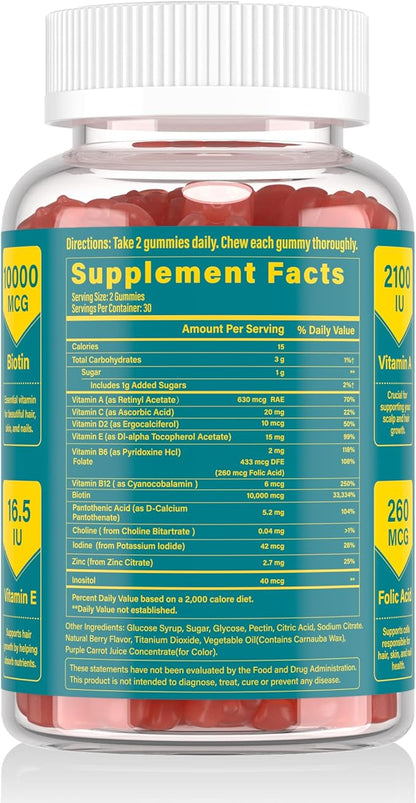Biotin Gummies -Hair Skin and Nails Vitamins for Men & Women, Vegan Vitamin B7, Supports Hair Growth and Stronger Nails,30 Day Supply-Strawberry-60 Counts