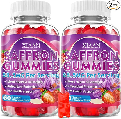 Saffron Supplements for Kids & Adults, 10 in 1 Saffron Gummies 88.5mg Saffron Extract with Ashwagandha, L-Theanine for Calm, Zzz, Antioxidant, Sugar-Free/Organic, Strawberry Flavor 120 Count
