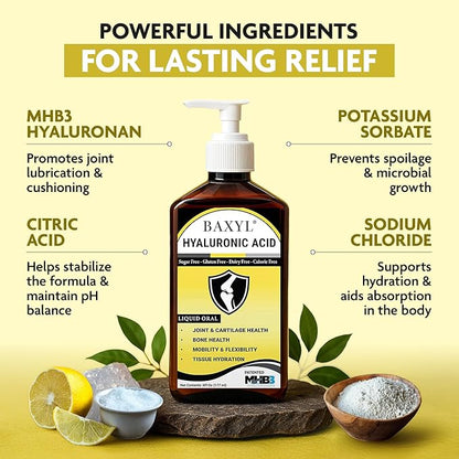 BAXYL - Liquid Hyaluronic Acid for Joint Relief Supplement (Vegan, Gluten-Free, Non-GMO, Patented Oral MHB3) (3 Pack)