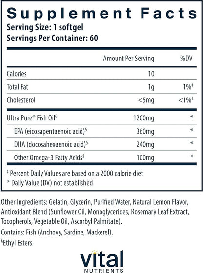 Vital Nutrients Ultra Pure Fish Oil 700 - Supports Heart, Brain, and Joint Health* - Sustainably Sourced High EPA & DHA Omega-3 Fatty Acid - Lemon Flavor - Gluten, Dairy & Soy Free - 60 Softgels