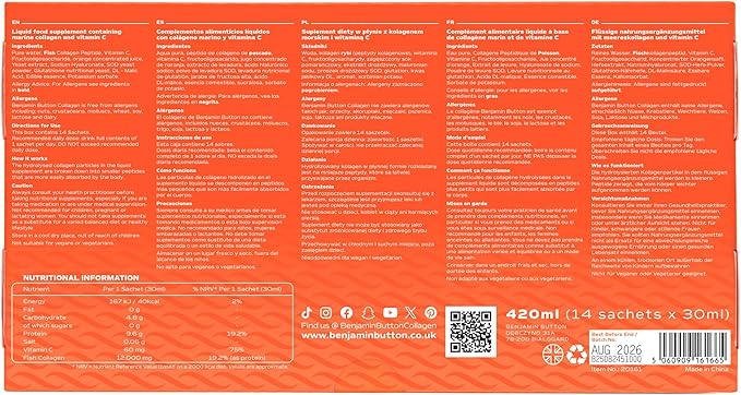 Marine Collagen Liquid Sachet w/Hyaluronic Acid & Vitamin C | for Hair, Skin, Nails & Joints | 12,000mg High Strength Hydrolysed Collagen (1.01 Fl Oz (Pack of 28), Orange)