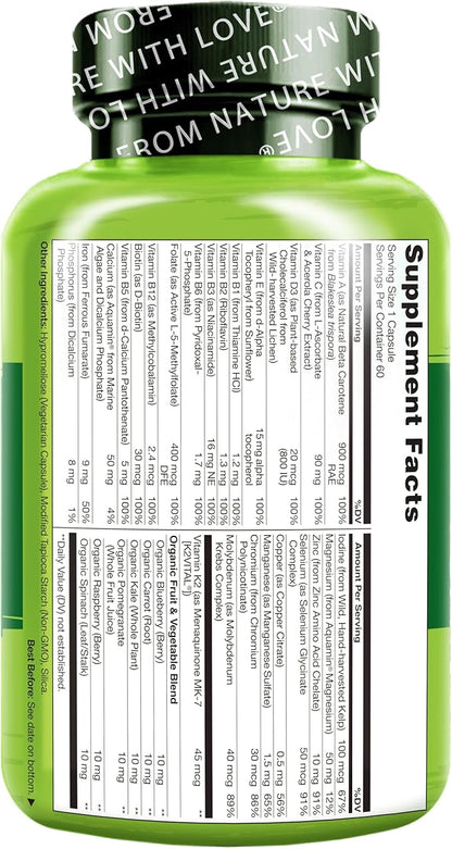 NATURELO One Daily Multivitamin for Women w/Vitamin B12, 60 Ct, Energy Support, Whole Food Daily Women Multivitamin Supplement, Nourish Hair/Skin/Nail, Non-GMO, No Soy, Gluten Free, 2 Month Supply