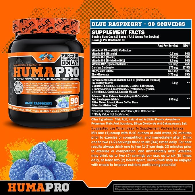 HumaPro Essential Amino Acid Formula | EAA Protein Supplement | Supports Muscle Recovery & Performance | Vegan, Gluten Free | | 90 Servings (Blue Raspberry)