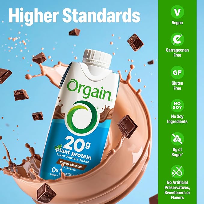 Orgain Organic Vegan Protein Shake, Creamy Chocolate - 20g Plant Based Protein, Ready to Drink, Fruits & Vegetables, Gluten Free, Kosher, No Soy or Dairy Ingredients, 11 Fl Oz (Pack of 12)
