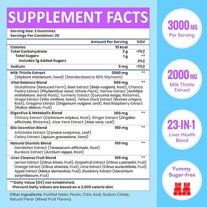 3000mg Liver Detox Repair & Cleanse Gummies | Milk Thistle 2000mg with Turmeric Dandelion Root & Artichoke for Liver Detox, Liver Support & Renew, Antioxidant, Gut, Skin - Fruit Flavor, 120 Gummies