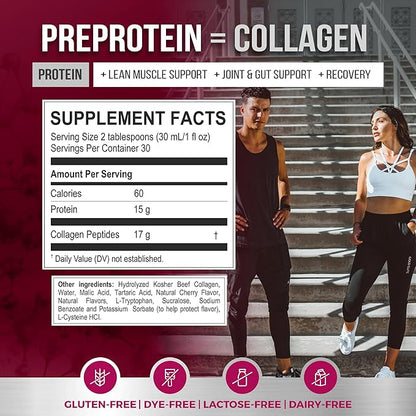 PreProtein 15 Liquid Hydrolyzed Collagen Peptides – Sugar Free Cherry Flavor Drink – 15g Protein Amino Acid Supplement for Bariatric Recovery, Joint Support & Wound Care – 16oz