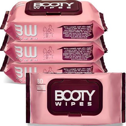 BOOTY WIPES Flushable Wipes Women - 320 Total Count (4 Packs of 80) Wet Wipes for Adults - pH Balanced Feminine Wipes with Aloe and Vitamin E - Gentle Cleansing Female Toilet Wipes for Sensitive Skin