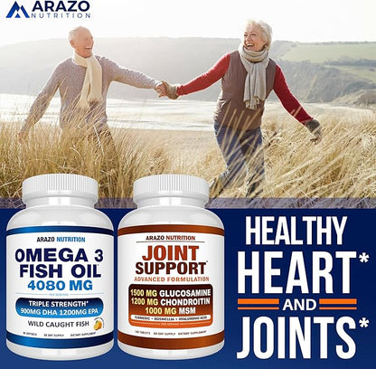 Arazo Nutrition Wild Caught Omega-3 Fish Oil Concentrate – 4,080mg per Serving – High EPA 1200mg & DHA 900mg – 90 Burpless Lemon Softgels