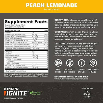 MTN OPS Ignite Sugar Free Energy Drink Powder Naturally Sweetened with Monk Fruit, 200mg Caffeine, Nootropic Blend for Energy, Focus & Endurance, L Arginine & L Citrulline, 45 Servings, Peach Lemonade