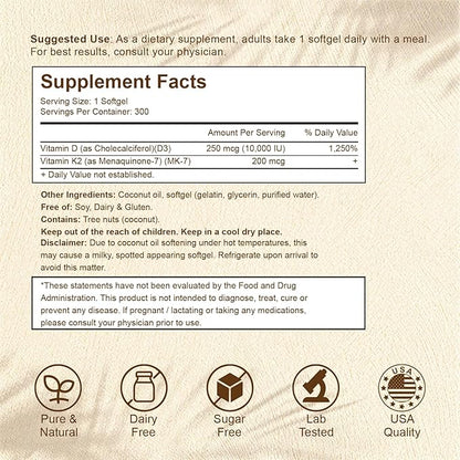 2-in-1 Vitamin D3 K2 Supplement Softgel, Vitamin D3 10000 IU and Vitamin K2 200 mcg, K2 MK7 with D3 Vitamin Supplement Support Immune, Heart, Joint, Teeth & Bone Health