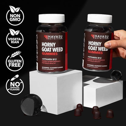 Horny Goat Weed Gummies with Vitamin B12 - Energy, Endurance & Performance Support for Male Health - 30 Count - Vegetarian-Friendly, Non-GMO, Pectin-Based - Raspberry Flavor, 15 Servings