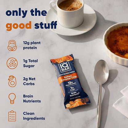 IQBAR Clean Plant Protein Bars - Salted Caramel Chip - 12 Count - Keto, Vegan, High Fiber, Gluten and Dairy Free, Low Sugar Snack - Brain and Body Nutrients for Focus, Energy, Meal Replacement