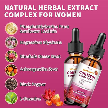 Cortisol Supplements for Women Liquid Drops, Natural Herbal Extract Complex for Women, Maintain Healthy Cortisol Levels - 60 Day Vegan Supply