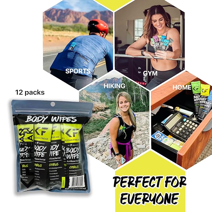 The Klean Freak Body Wipes - 12 count Individually Wrapped | Showerless Body Wipe for Women & Men | Sustainable Bodywipes for Gym, Travel, Camping | Citrus