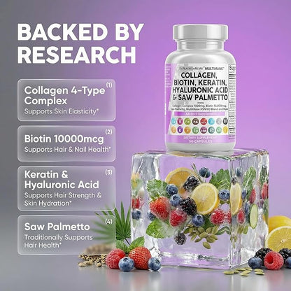 Clean Nutraceuticals Collagen Pills 1000mg Biotin 10000mcg Keratin Saw Palmetto Hyaluronic Acid - Hair Skin & Nails Vitamins & DHT Blocker with Vitamin E Folic Acid Pumpkin Seed MSM - 90 Count