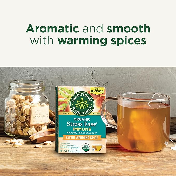 Traditional Medicinals Organic, Stress Ease Immune with Adaptogens, Reishi Warming Spice - Immune Support with Astragalus - Kosher, Non-GMO, Caffeine-Free, Compostable - 16 Tea Bags