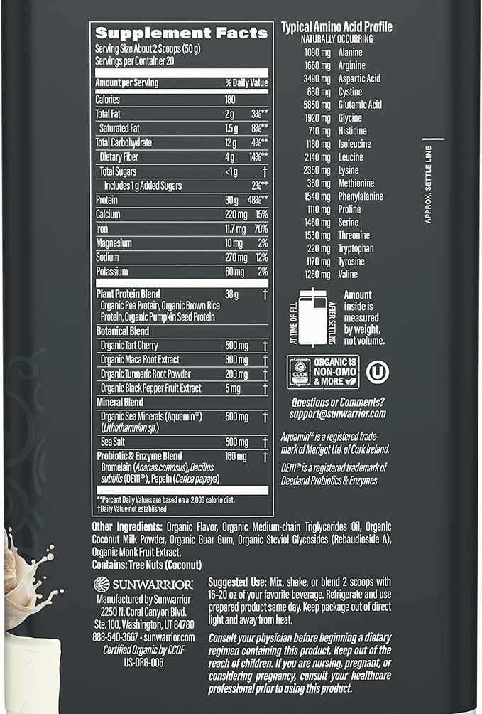 Sunwarrior Organic Plant Based Protein Powder | Vegan Organic Protein Powder with BCAA Amino Acids Plus Recovery Minerals & Botanicals | Non-GMO Soy Dairy & Gluten Free (Cake Batter, 20 Servings)