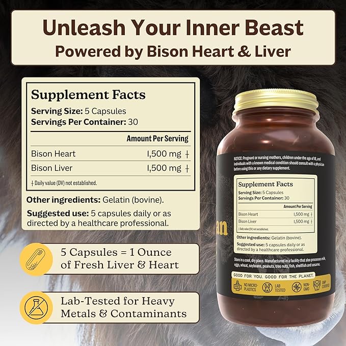 MK Supplements American Beast | Bison Liver & Heart Capsules | ~49x More CoQ10 Than Beef Liver | Regeneratively Raised Bison | 150 Capsules