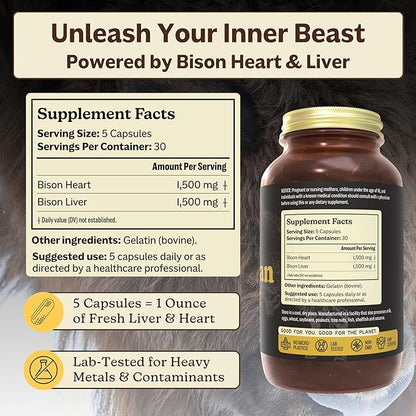 MK Supplements American Beast | Bison Liver & Heart Capsules | ~49x More CoQ10 Than Beef Liver | Regeneratively Raised Bison | 150 Capsules