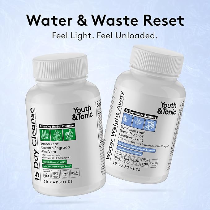 Youth & Tonic Water & Waste Reset – Water Weight Away & 15 Day Cleanse Pills for Digestive Cleanse, Fluid Retention, Colon Cleanser, Gut Detox & Bloating Support for Women & Men – 90 Capsules