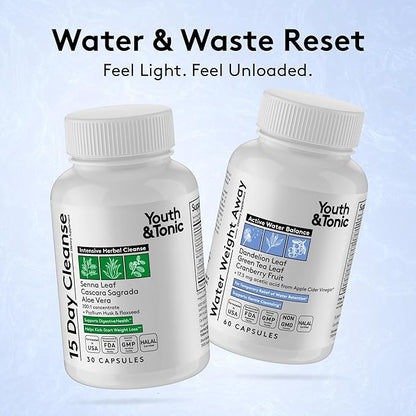 Youth & Tonic Water & Waste Reset – Water Weight Away & 15 Day Cleanse Pills for Digestive Cleanse, Fluid Retention, Colon Cleanser, Gut Detox & Bloating Support for Women & Men – 90 Capsules