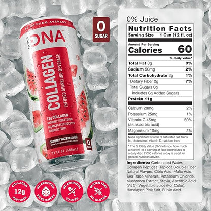 HYDRADNA- Sparkling Liquid Collagen Protein Water Drink Balanced Nutrients for Wellness - Sugar-Free - Keto-Friendly - No Gluten (12 Pack) Watermelon