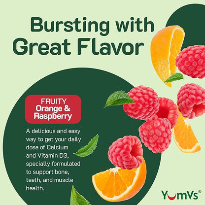 YUM-V'S Calcium 500mg with Vitamin D3 - Raspberry & Orange Flavor Calcium Vitamin D Gummies, Chewable Calcium Supplement for Kids & Adults, Vitamin D Calcium Gummies (60 Count (Pack of 2)