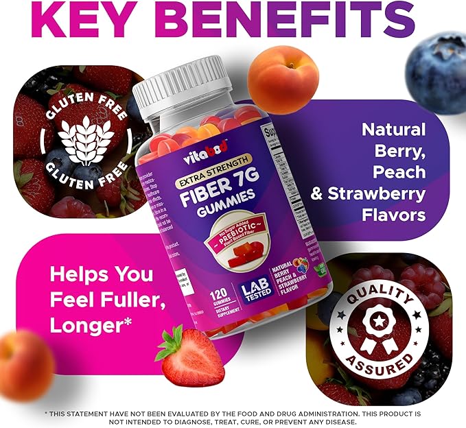 Vitabod Fiber Gummies 7G Per Serving for Digestive Health & Regularity, Prebiotic GOFOS™ Plant-Based Fiber, No Sugar Added, Vegan, Berry Peach Strawberry, 120 Gummies (Adults, Women & Men)