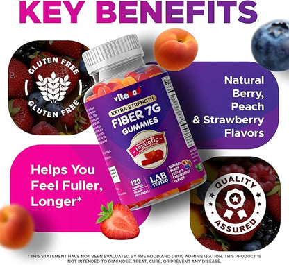 Vitabod Fiber Gummies 7G Per Serving for Digestive Health & Regularity, Prebiotic GOFOS™ Plant-Based Fiber, No Sugar Added, Vegan, Berry Peach Strawberry, 120 Gummies (Adults, Women & Men)