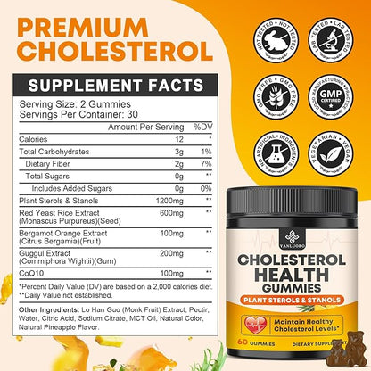 Cholesterol Supplements Gummies, Support Healthy Cholesterol Levels with 1200mg Plant Sterols & Stanols, Bergamot Orange Extract, Red Yeast Rice for Women & Men, Pineapple Flavor, 60 Counts (2 Pack)