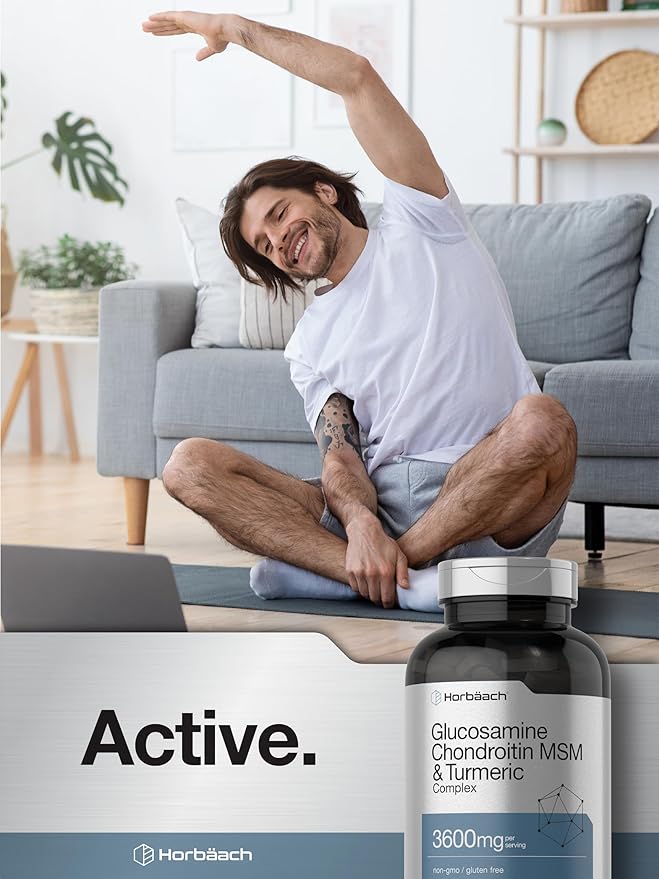 Horbäach Glucosamine Chondroitin MSM | 360 Caplets | Advanced Formula with Turmeric | Non-GMO, Gluten Free