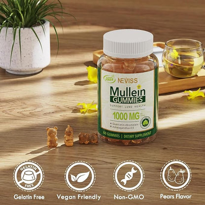 NEVISS Mullein Gummies for Lungs, Organic Mullein Leaf Extract 1000mg for Respiratory System with Quercetin & Bromelain, D3 for Digestive Support, Immune Booster, Sugar Free, Vegan, 60 Count