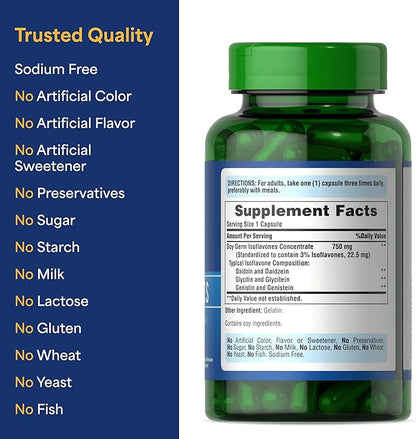 Puritan's Pride Non-GMO Soy Isoflavones 750mg, Dietary Supplement with Active Daidzein, Genistein, and Glycitein Supports Menopause and Hot Flashes, 120 Rapid Release Capsules (Pack of 2)