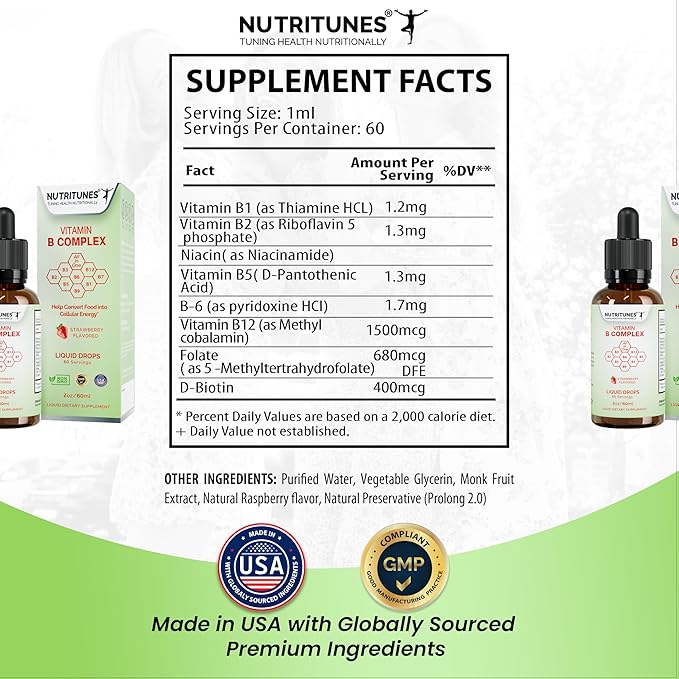 Liquid Vitamin B Complex – High-Potency and Complete B-Vitamin Drops for Energy, Metabolism, and Immune Support – Strawberry Flavored, Non-GMO, Sugar-Free – 60 Servings (2oz)