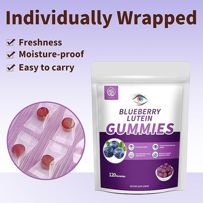 Hudetex Blueberry Lutein Gummies with 120 Count - 2 Month Supply, Eye Health Support Supplement for Kids and Adult, Contains Blueberry Juice (30 mg/Gummy) & Lutein (20 mg/Gummy)