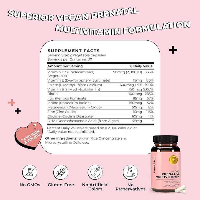 Future Kind Prenatal Vitamin - Pregnancy, Lactation, and Wellness Support with DHA & L-Methylfolate - Folate Supplement for Women with Vitamin D, E, Iron, Omega-3 and Biotin (60 Capsules)