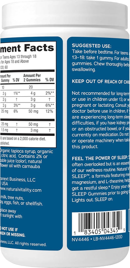 Natural Vitality Sleep Gummies, Magnesium Supplement with Melatonin and L-Theanine, Vegan, Gluten Free, Helps The Body Ease Into Sleep, Blueberry Pomegranate 120 Count (Pack of 2)