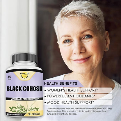 Black Cohosh Made with Organic Black Cohosh Root 1300MG per Serving, Balance Hormones, Natural Menopause & Menstrual Support, Women Health Support, 90 Vegan Capsules, 45 Servings