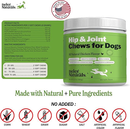 Deley Naturals Hip and Joint Supplement for Dogs - Glucosamine Chondroitin MSM & Collagen for Dogs - Dog Joint Supplement, Smaller Chews, Low Calories, Same Ingredients - 120 Chicken Flavor Chews