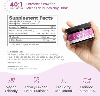 Premium Inositol Supplement - Myo-Inositol and D-Chiro Inositol Powder Plus Folate and Vitamin D - Ideal 40:1 Ratio - Hormone Balance & Healthy Ovarian Support for Women - Vitamin B8 - 30 Day Supply