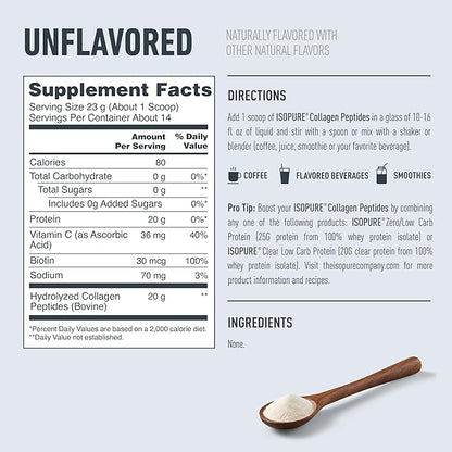 Isopure Collagen Peptides Powder, Promotes Hair, Nail, Skin and Joint Health, with Vitamin C and Biotin, Unflavored, 20g Collagen Peptides Per Serving, 11.36 Oz, 14 Servings (Packaging May Vary)