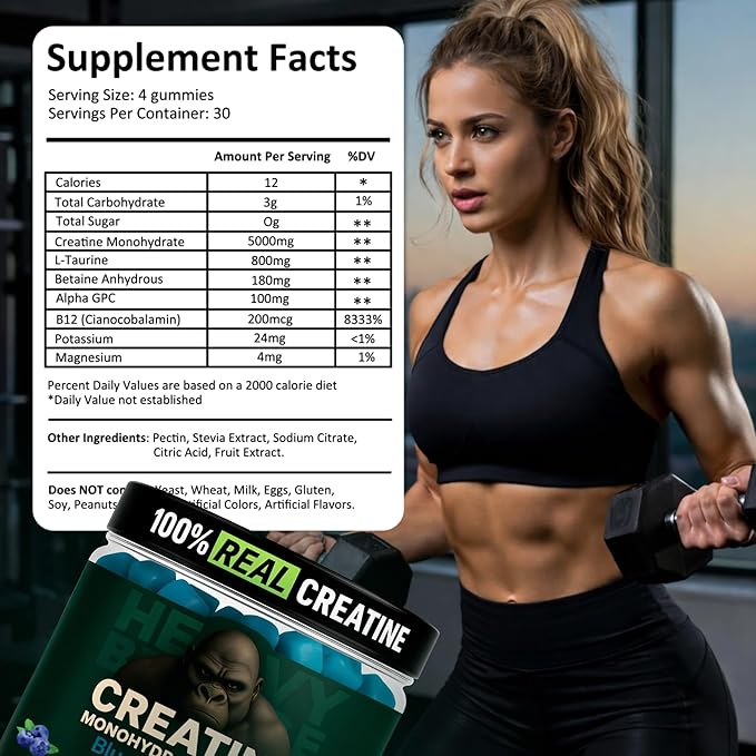 Creatine Monohydrate Gummies 5g Sugar Free Creatine with Vitamin B12 and L-Taurine | Muscle Growth for Men and Women | Low Calorie Formula 120 Gummies for 30 Servings, Blueberry