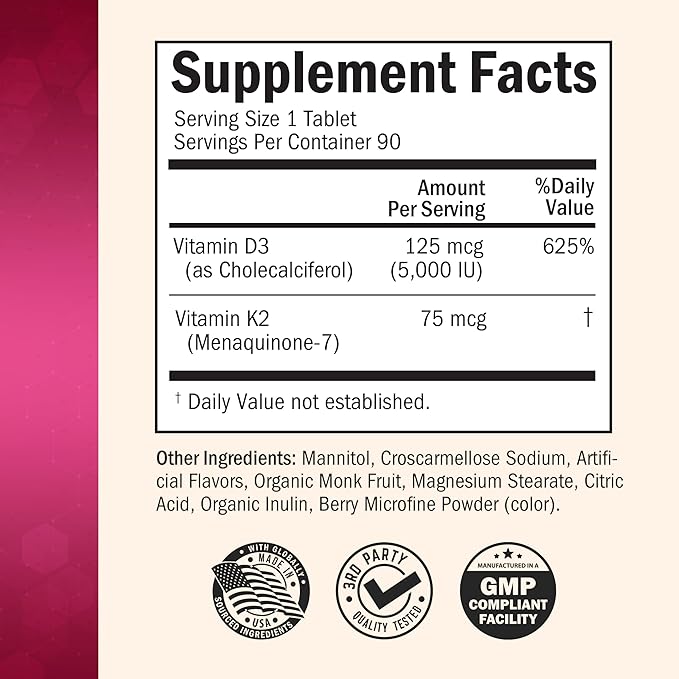 BioSchwartz Bariatric D3 K2 Dissolvable Tablets - 90 Cherry-Strawberry Tablets - Supports Bone Strength - Bariatric Vitamins for Women with Vitamin D3 5000 IU - Third Party Tested, 90 Servings