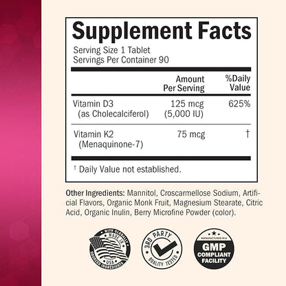 BioSchwartz Bariatric D3 K2 Dissolvable Tablets - 90 Cherry-Strawberry Tablets - Supports Bone Strength - Bariatric Vitamins for Women with Vitamin D3 5000 IU - Third Party Tested, 90 Servings